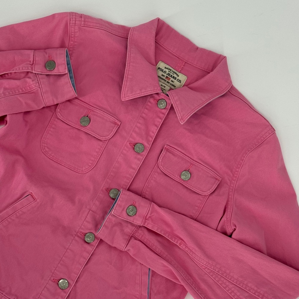 Ralph Lauren Polo Jeans Co Pink Denim Trucker Jacket Womens Medium Side Buckles